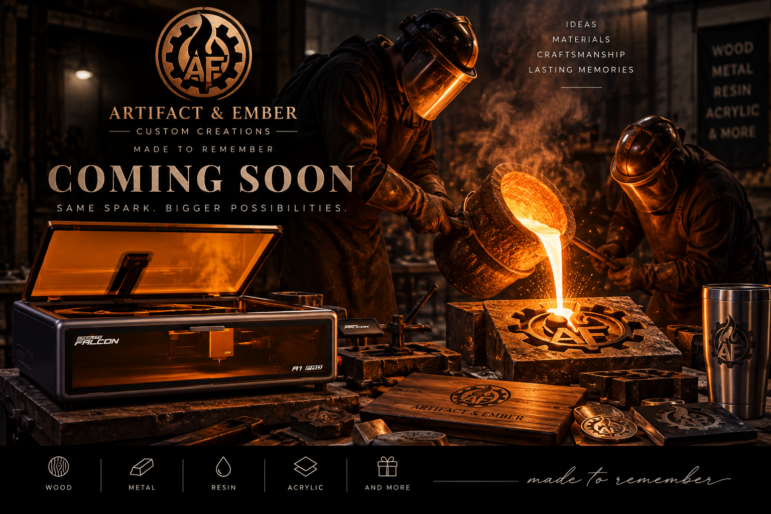 Artifact & Ember forge scene with molten metal and laser engraver